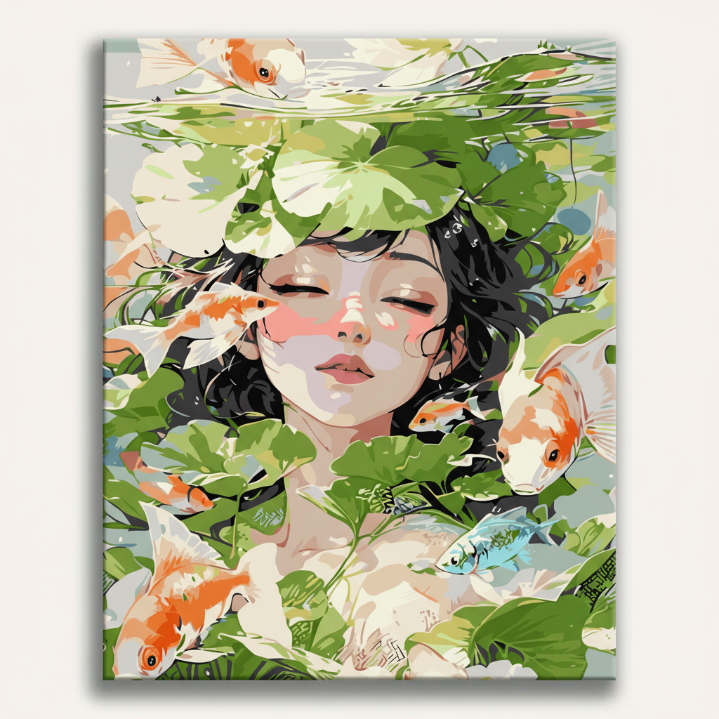 Artistic depiction of a woman surrounded by fish and foliage