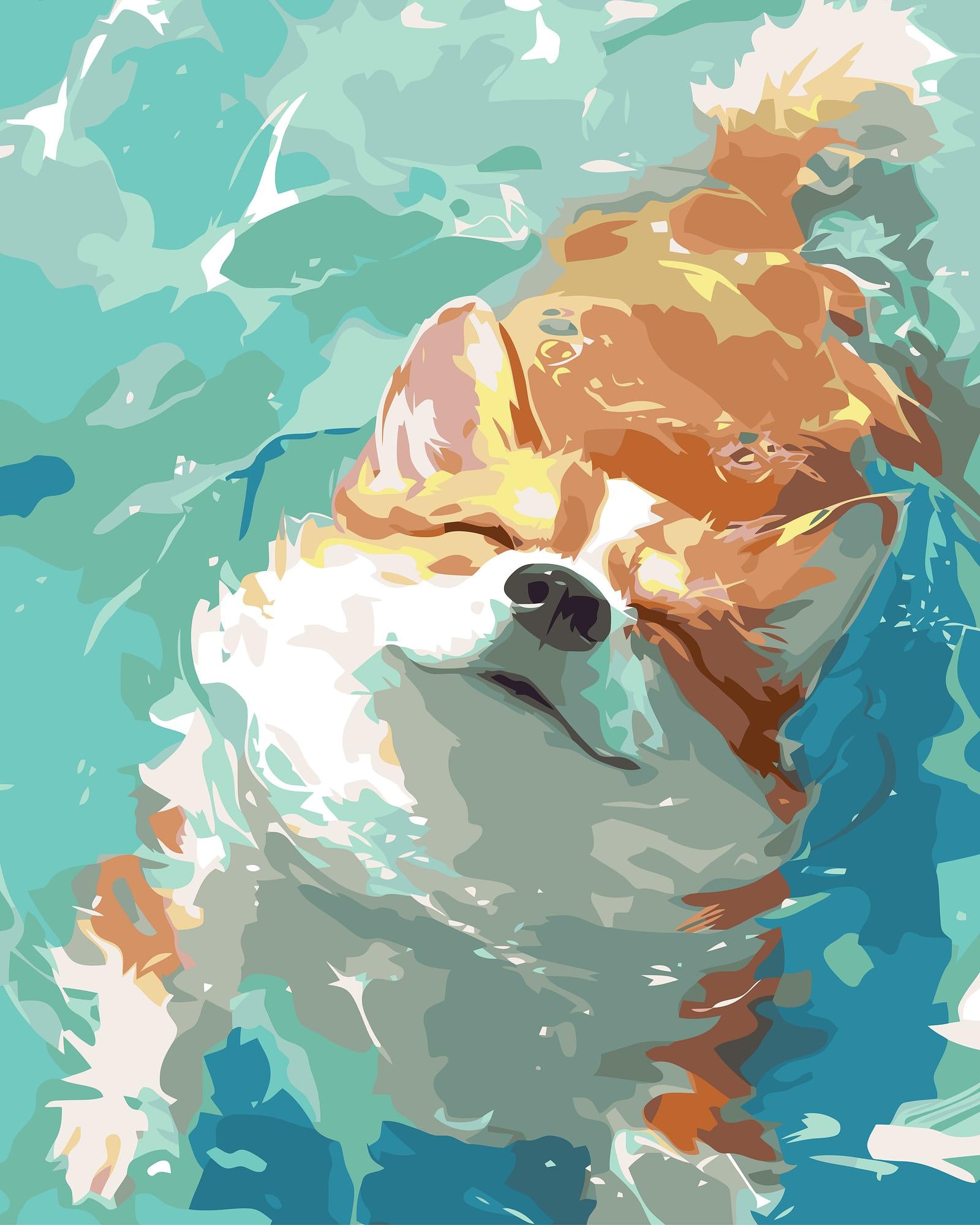 Dog swimming with a colorful, abstract background