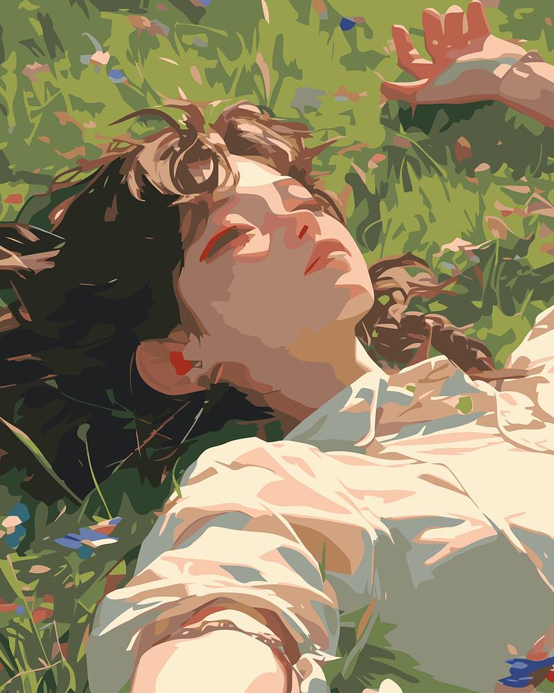 Person lying on grass with a hand reaching out, surrounded by flowers