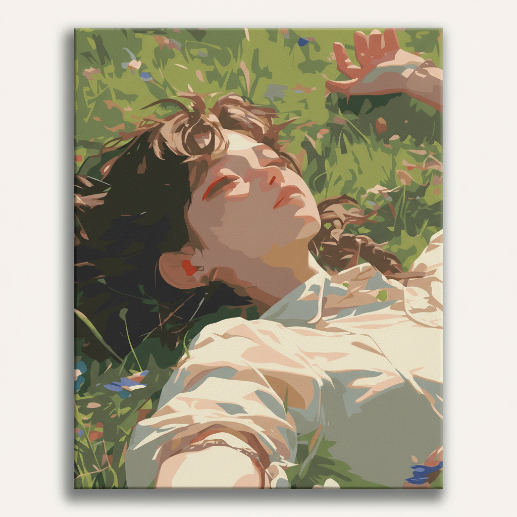 Artistic depiction of a woman lying in grass with flowers and butterflies