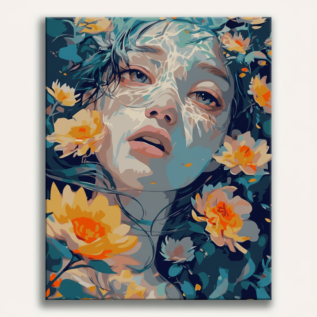 Artistic depiction of a woman's face with floral elements on a dark background