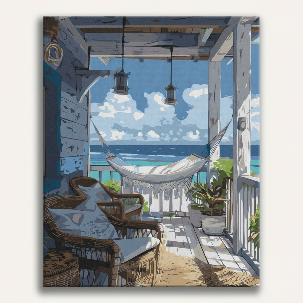 Cozy outdoor patio with a hammock, chairs, and ocean view.