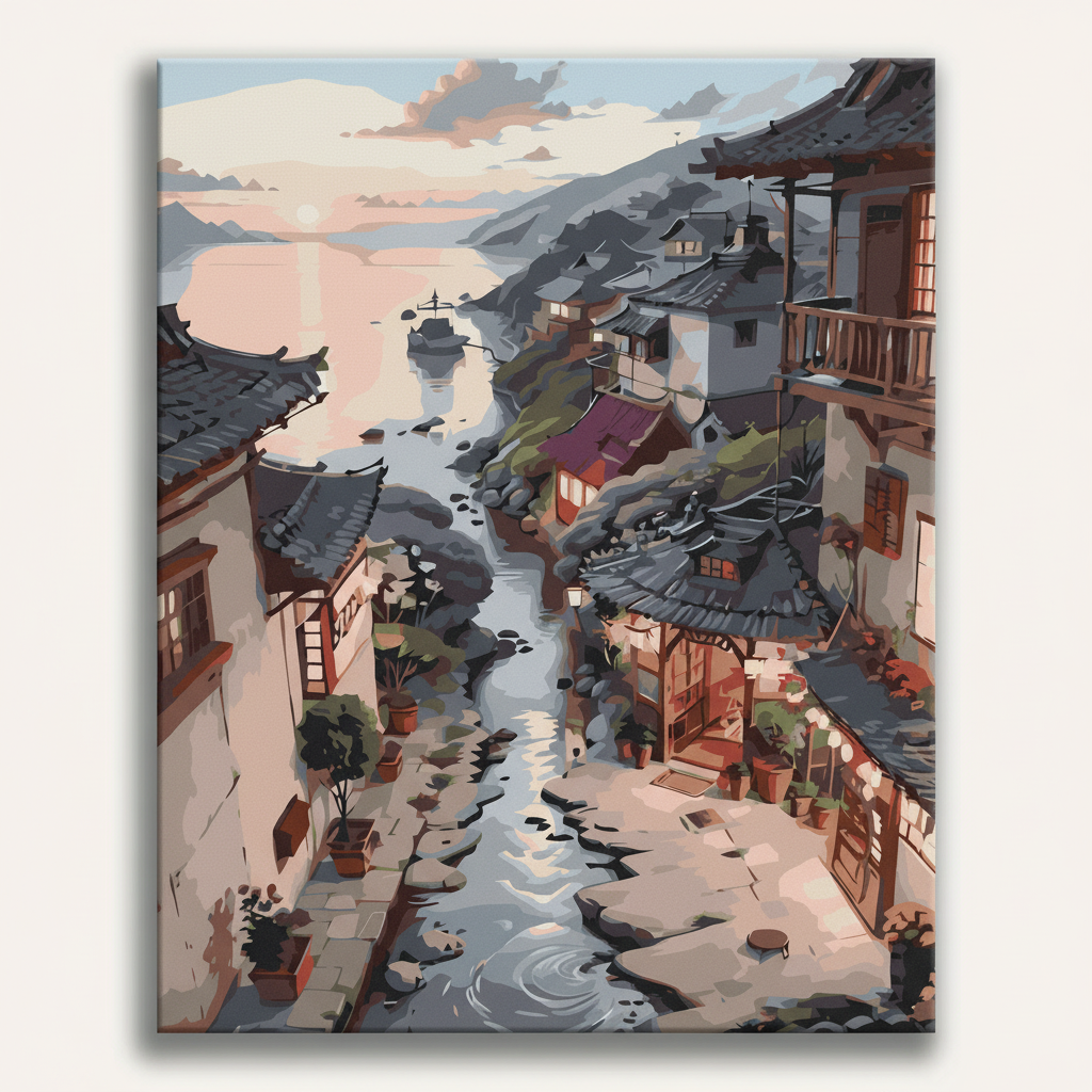 Painting of a traditional Japanese village with houses and a river.