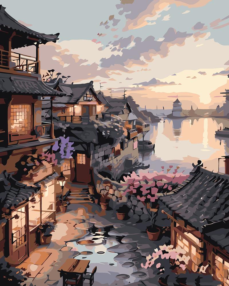 Traditional Japanese town with cherry blossom trees and a river at sunset.