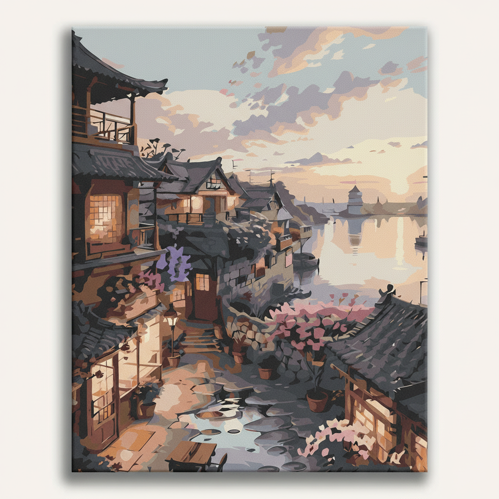 Painting of a traditional Japanese village with houses and a bridge at sunset.