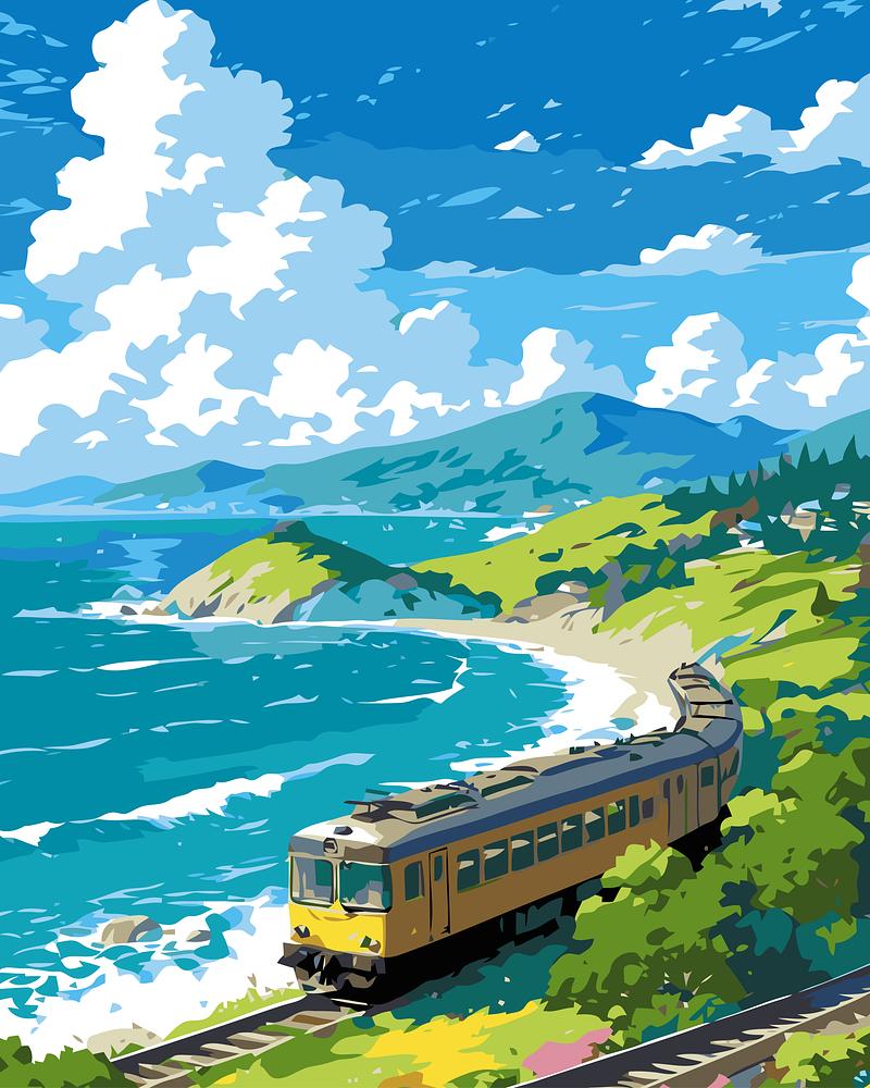 Train traveling along a coastal route with scenic mountains and sea.
