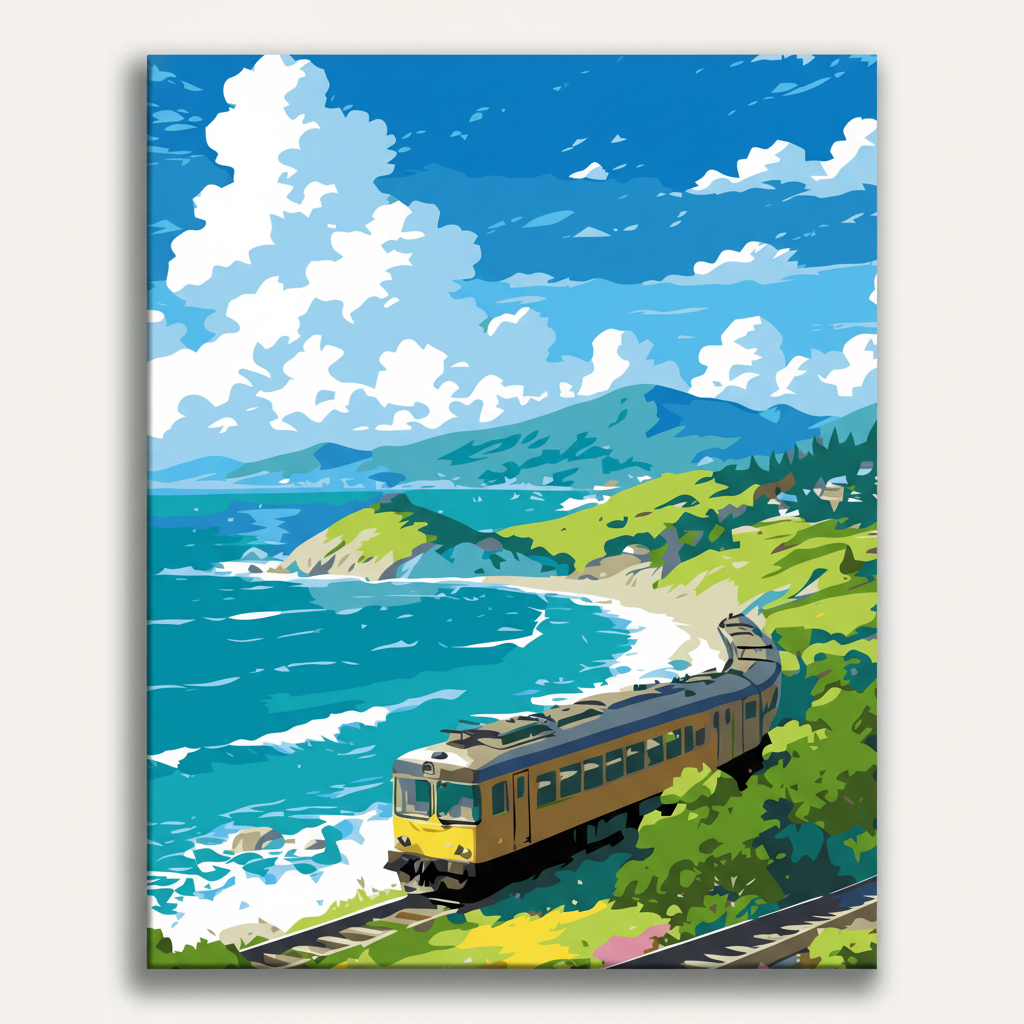 Train traveling along a coastal route with mountains and blue sky in the background