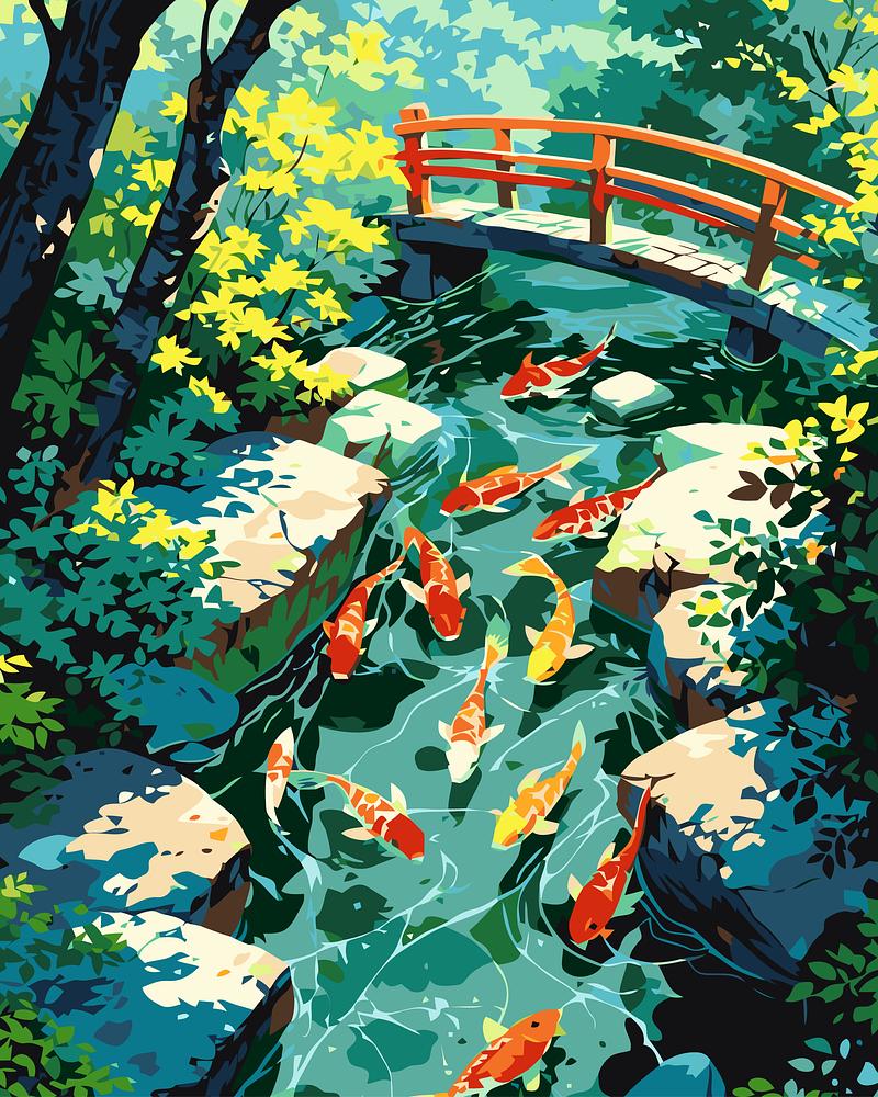 Colorful illustration of koi fish in a pond with a bridge and trees.