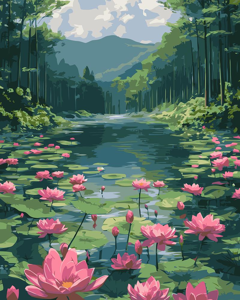 Lush green forest with a pond filled with pink water lilies and mountains in the background.