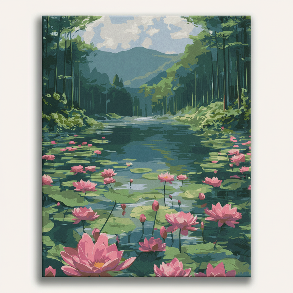 Painting of a serene forest scene with a pond and pink water lilies.