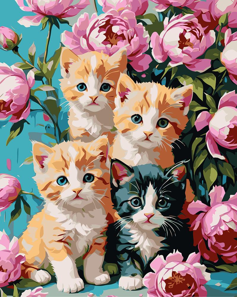 Four kittens surrounded by pink flowers on a blue background
