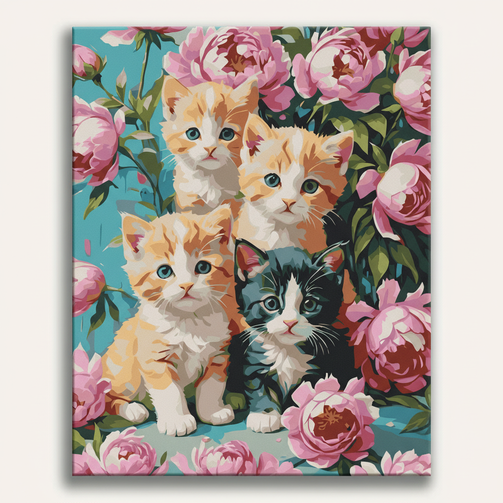Canvas print with four kittens surrounded by pink flowers on a blue background