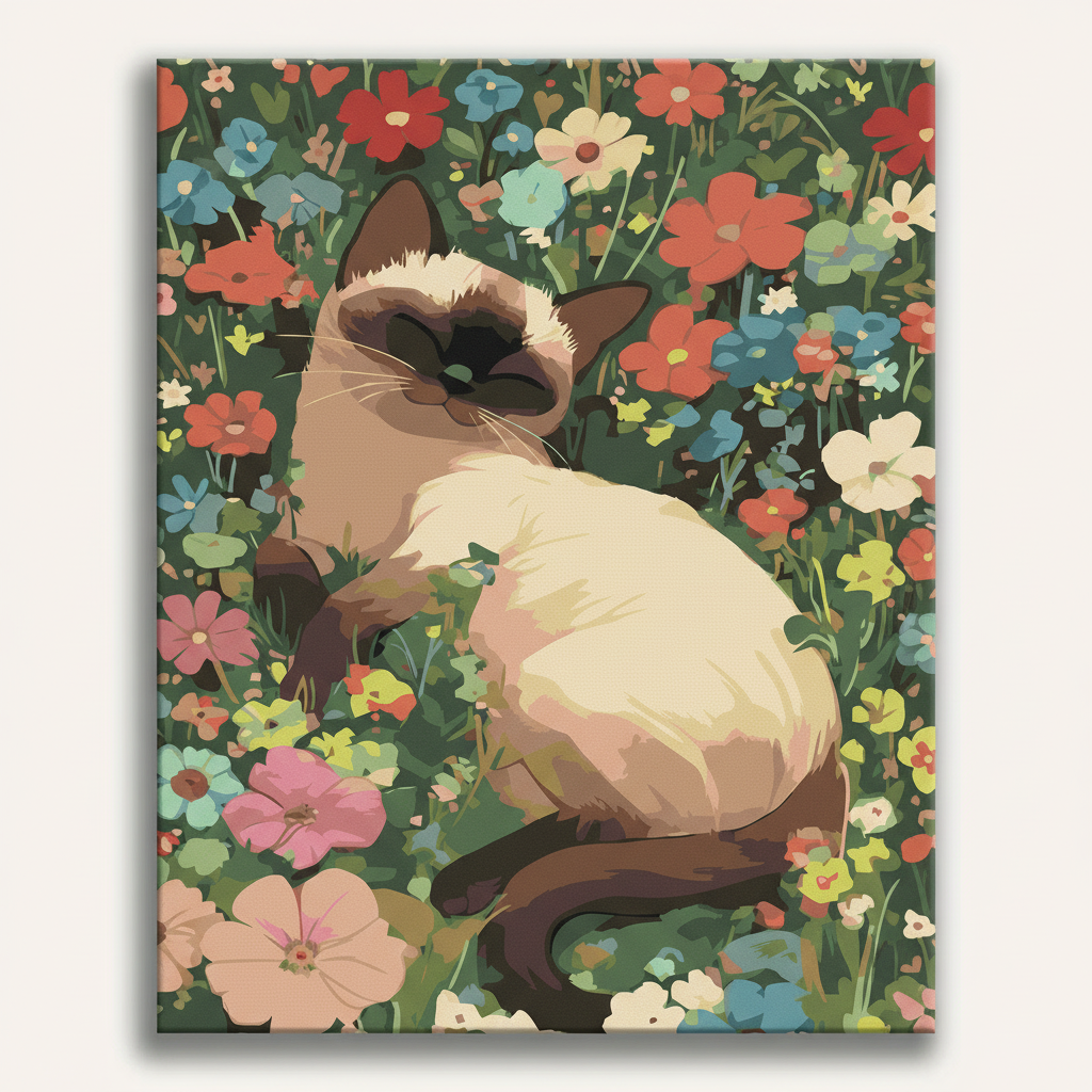 Illustration of a Siamese cat sitting among colorful flowers on a floral-patterned background