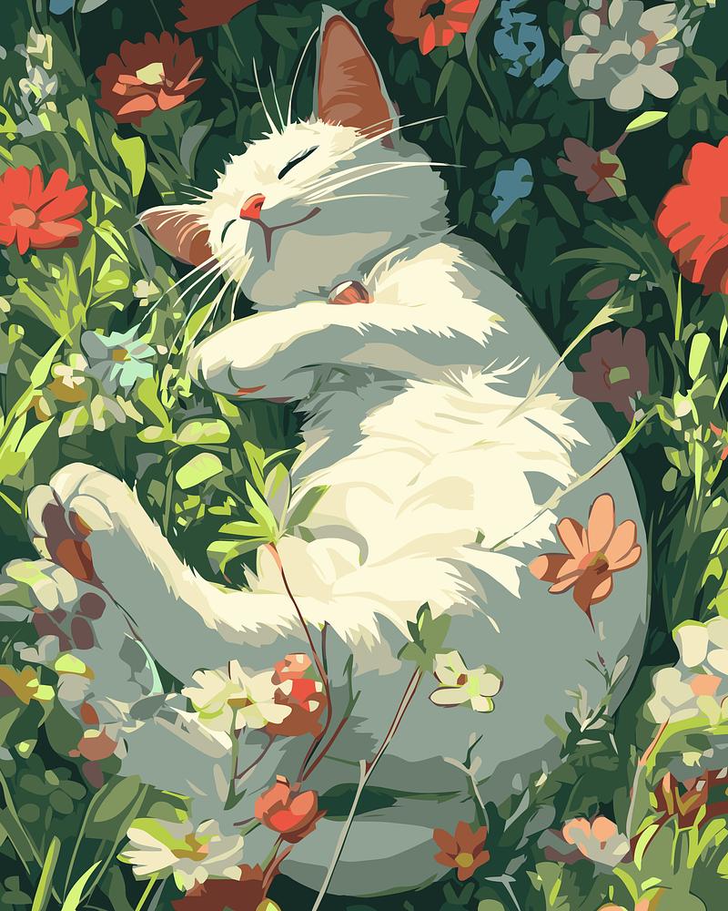White cat sleeping among flowers and greenery