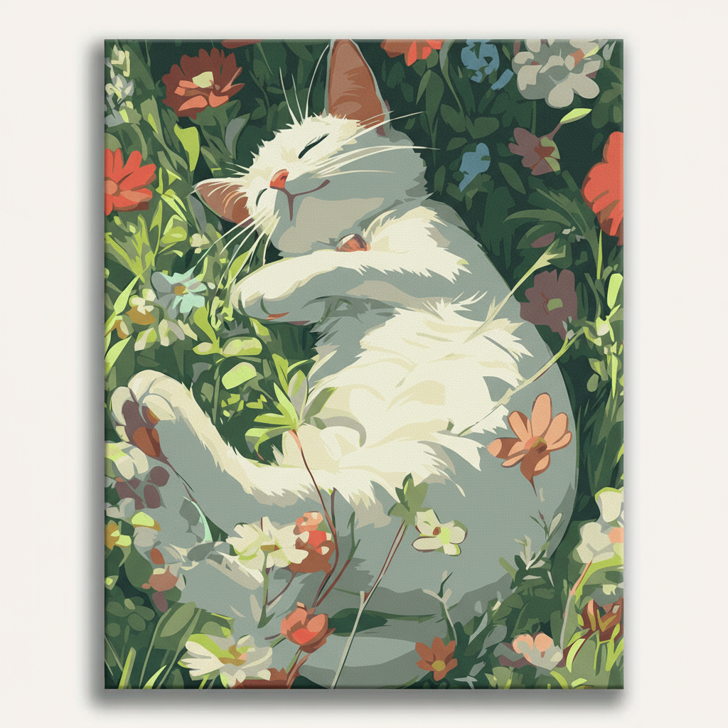 Illustration of a white cat lying on its back in a garden of flowers and leaves
