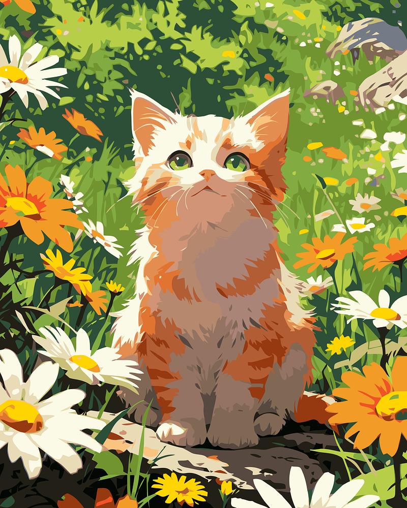 Illustration of a kitten sitting among flowers in a garden