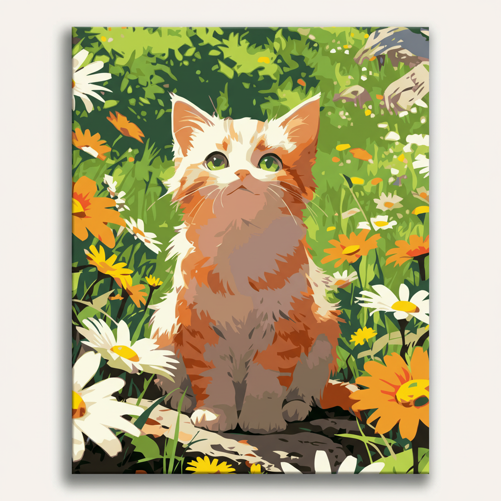 Illustration of a kitten sitting among flowers and animals on a green background