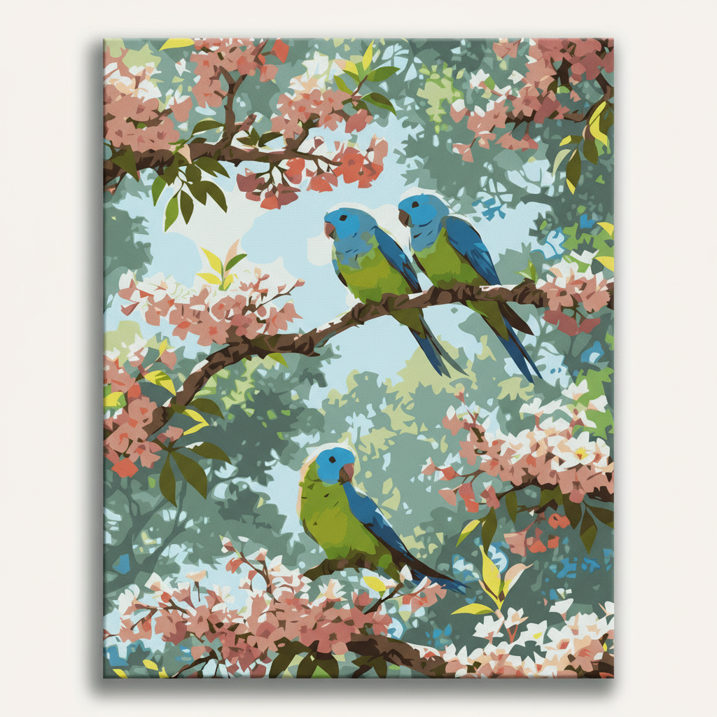 Canvas print with blue and green parrots on a branch with cherry blossoms