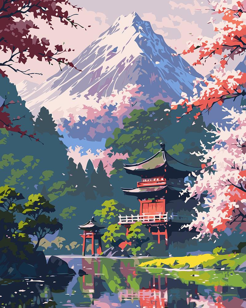 Scenic view of a mountain, cherry blossom trees, and a traditional Japanese pagoda.