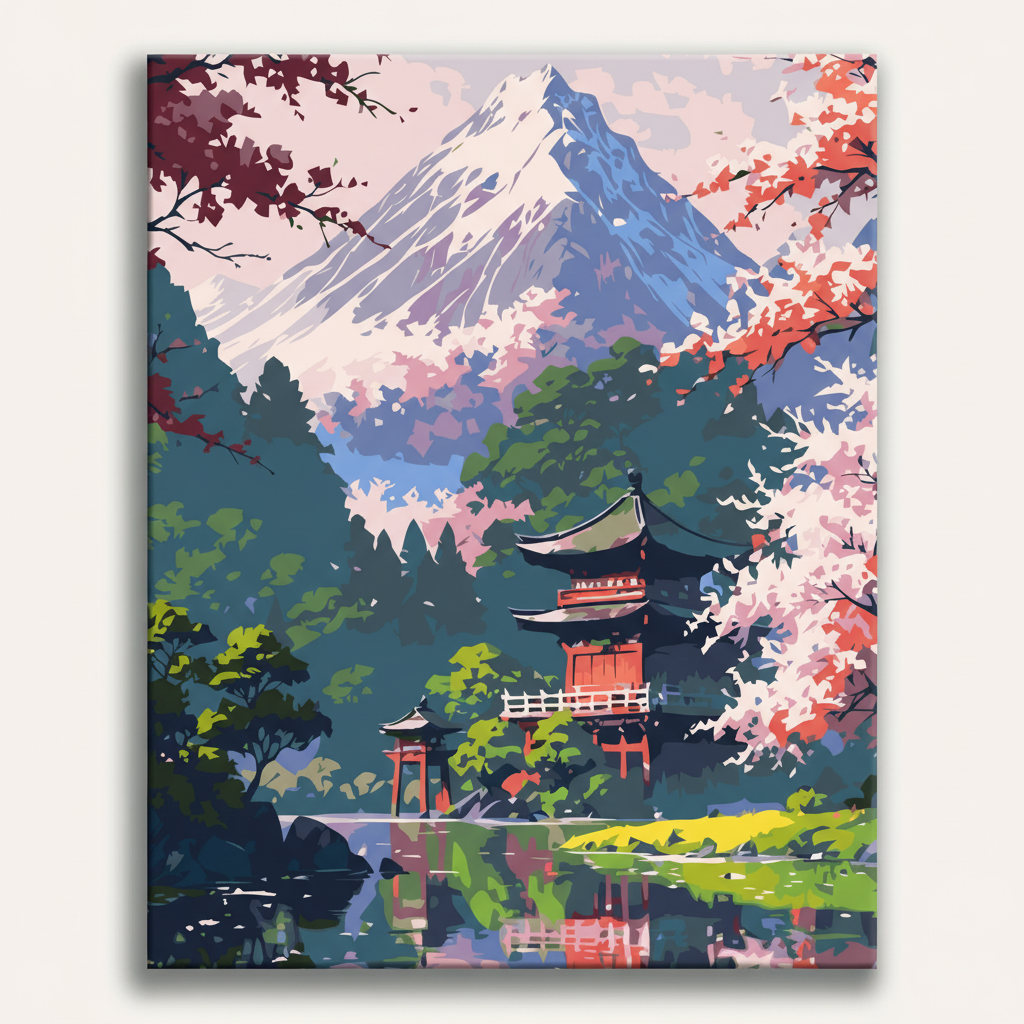 Painting of a Japanese temple with cherry blossoms and Mount Fuji in the background