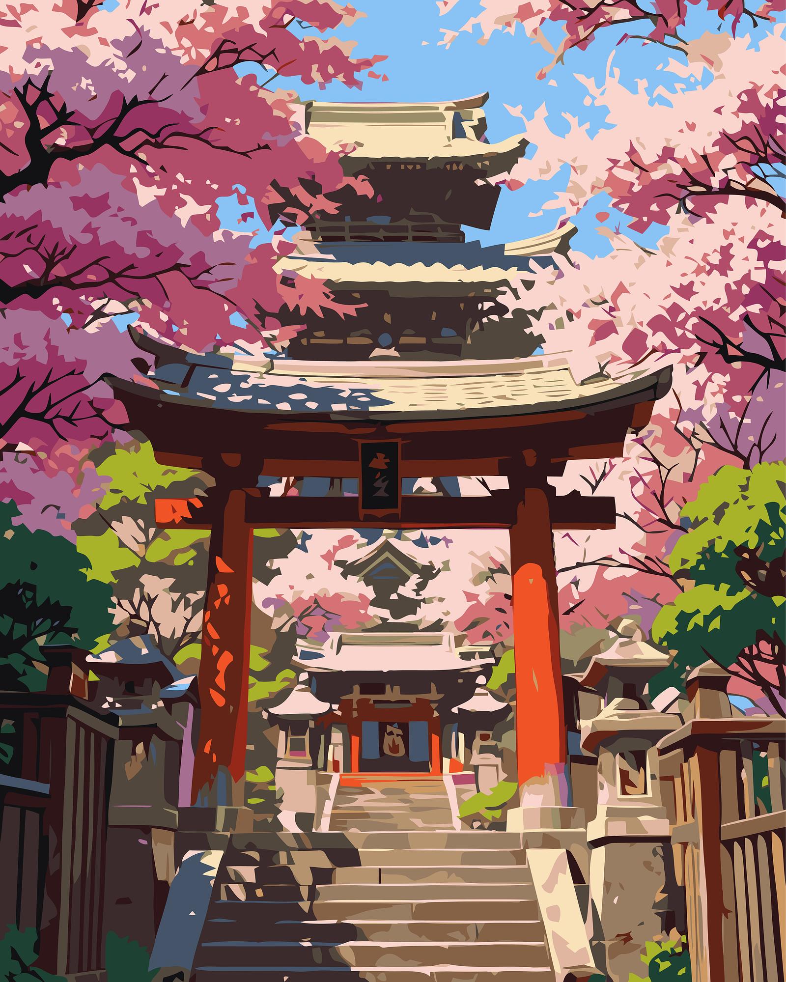 Japanese Temple Sakura | Paint By Numbers Kit