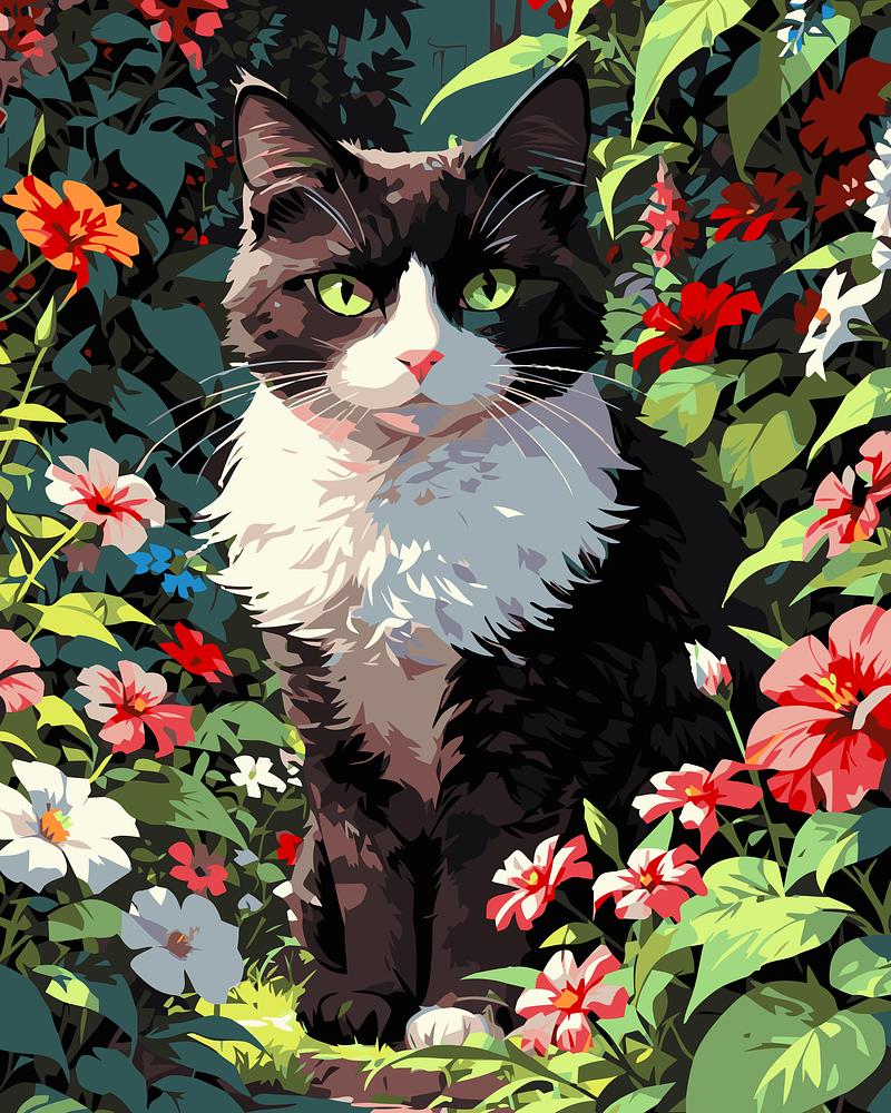 Cat surrounded by colorful flowers and foliage