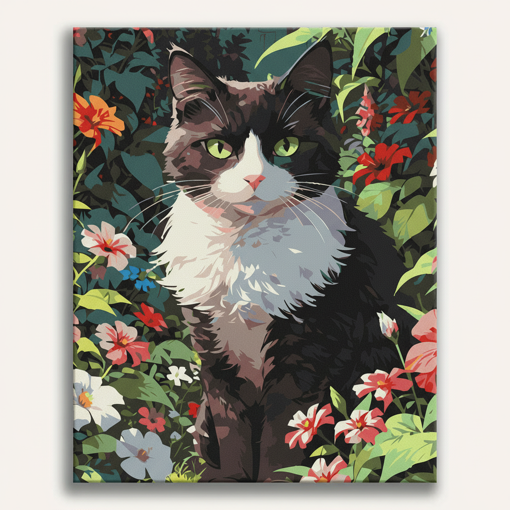Cat with green eyes surrounded by colorful flowers and leaves