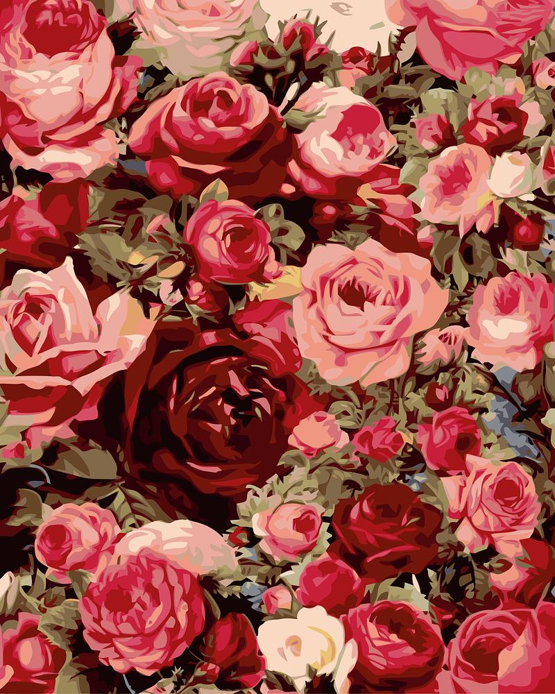 Pattern of pink and red roses with green leaves on a dark background