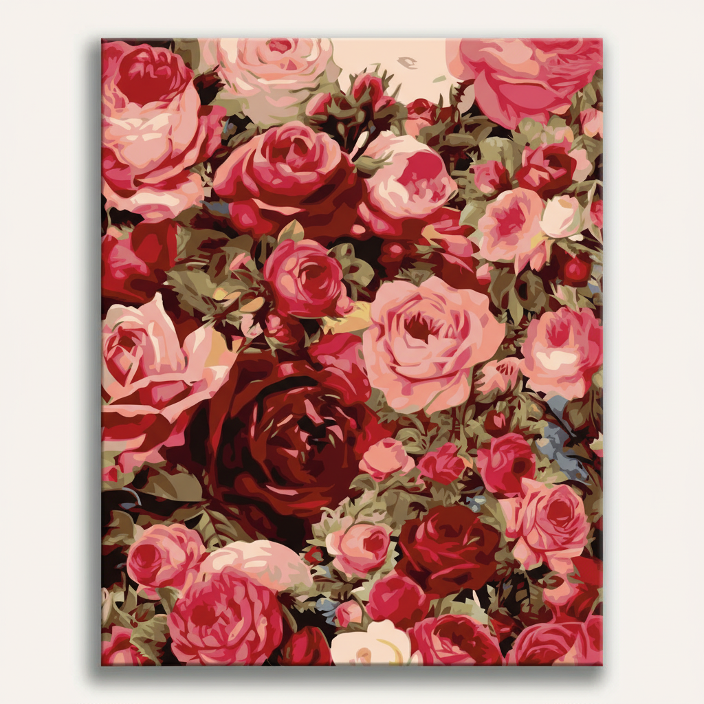 Floral pattern with pink and red roses on a beige background