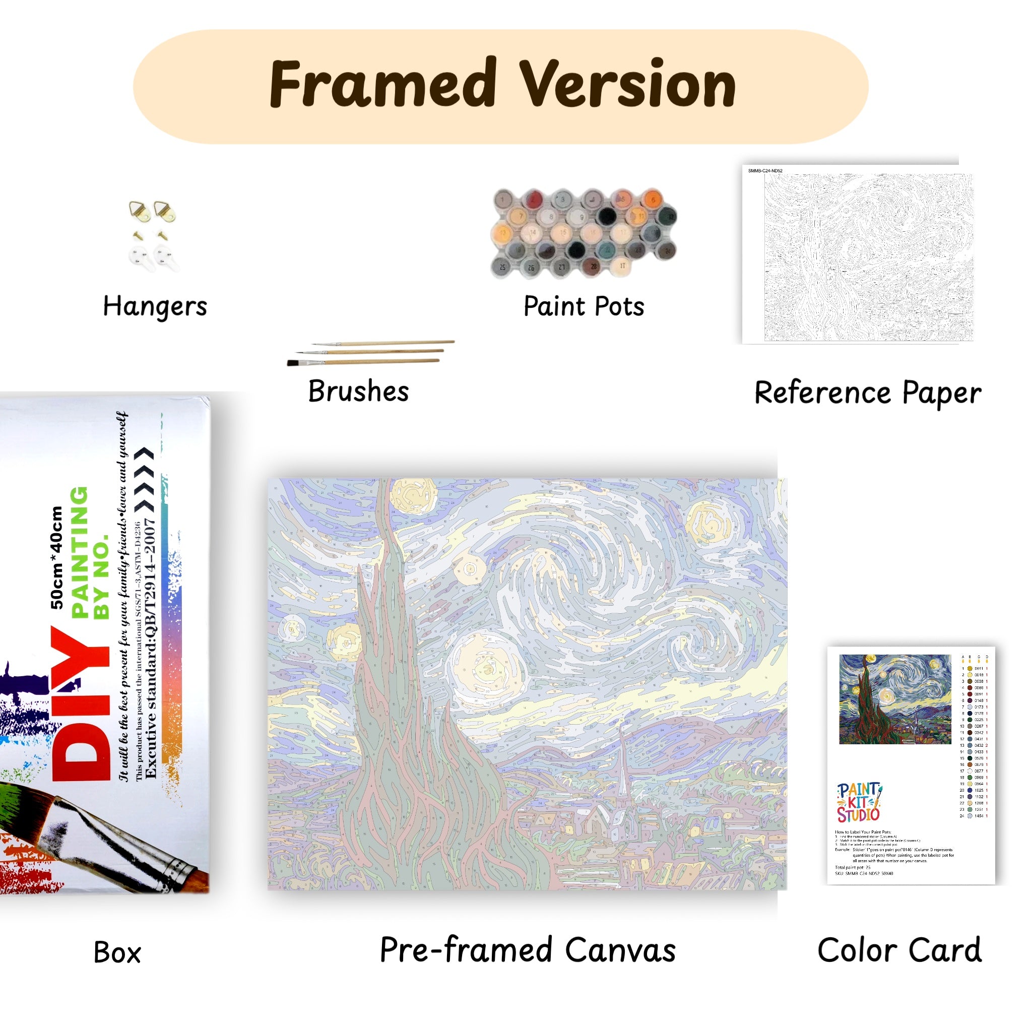 Collection of art supplies including a pre-framed canvas, paint pots, brushes, reference paper, and color card on a white background.