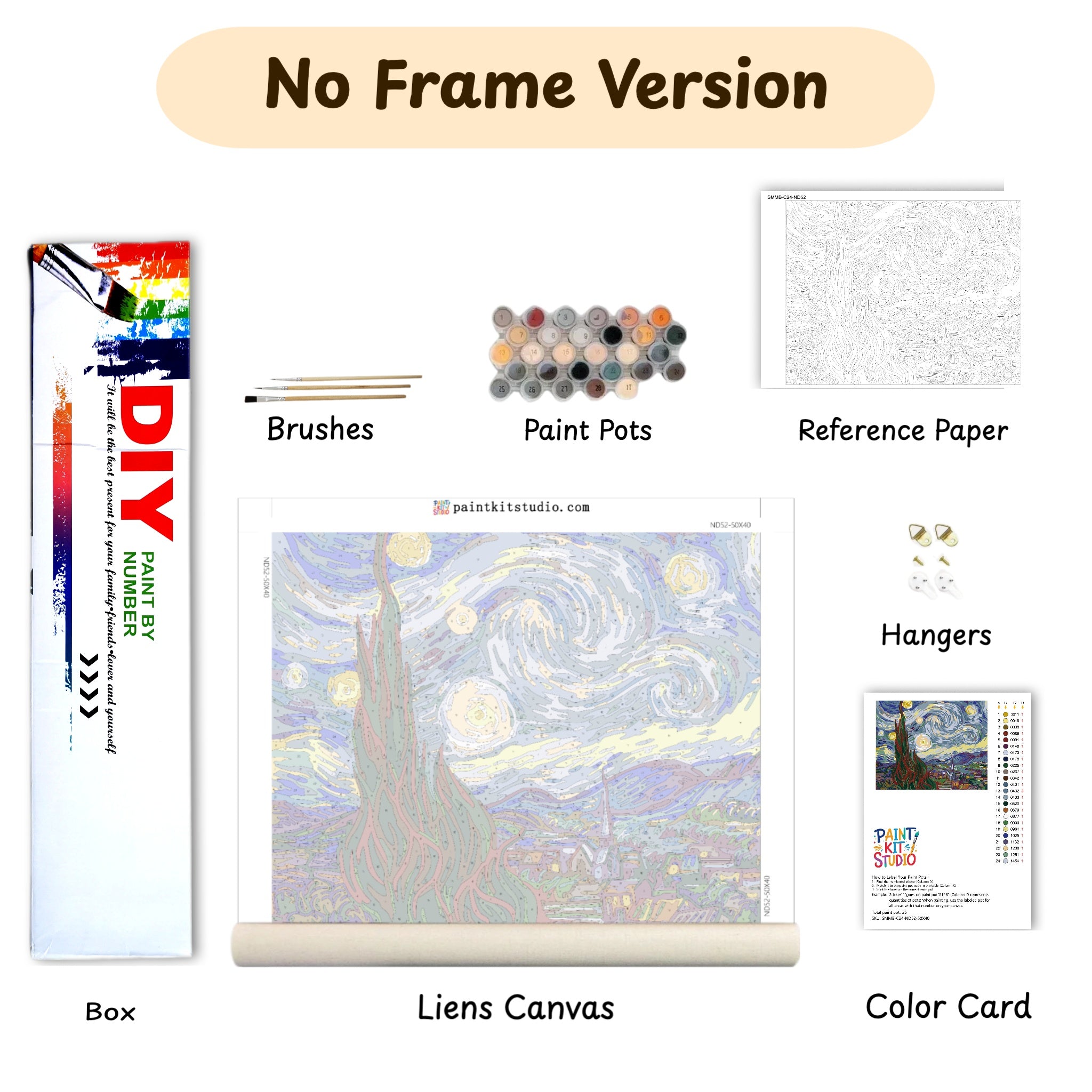 Collection of art supplies including brushes, paint pots, reference paper, hangers, box, Liens Canvas, and color card on a white background.