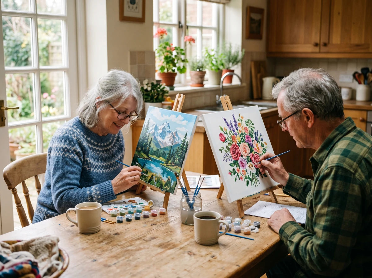 Mature couple in their late sixties painting two paint-by-numbers canvases together at a kitchen table
