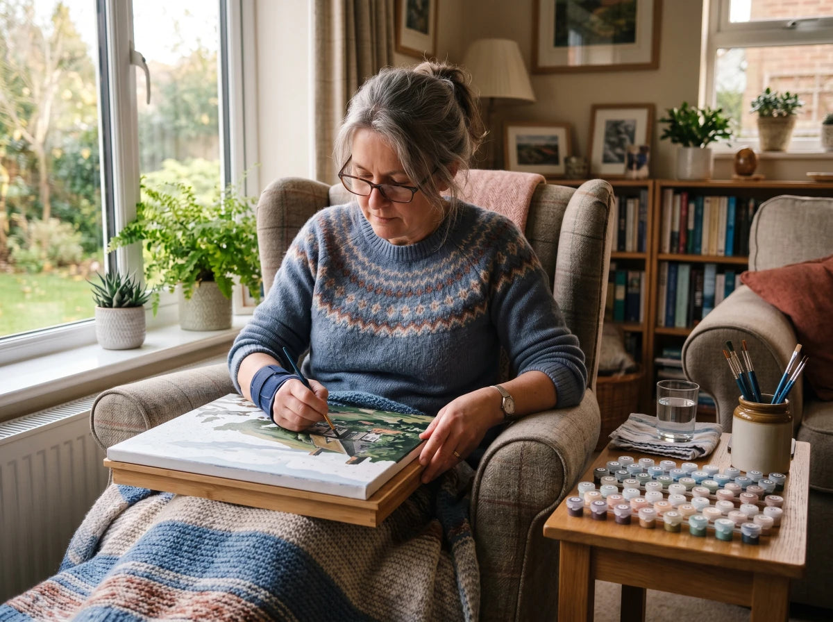 Person painting a paint-by-numbers canvas on a lap-tray while seated in an armchair with a wrist support