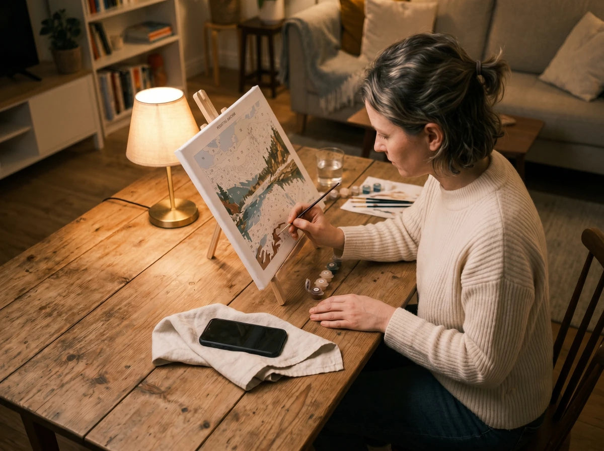 Woman in her early forties calmly painting a small numbered section of a paint-by-numbers canvas with her phone face-down on the table