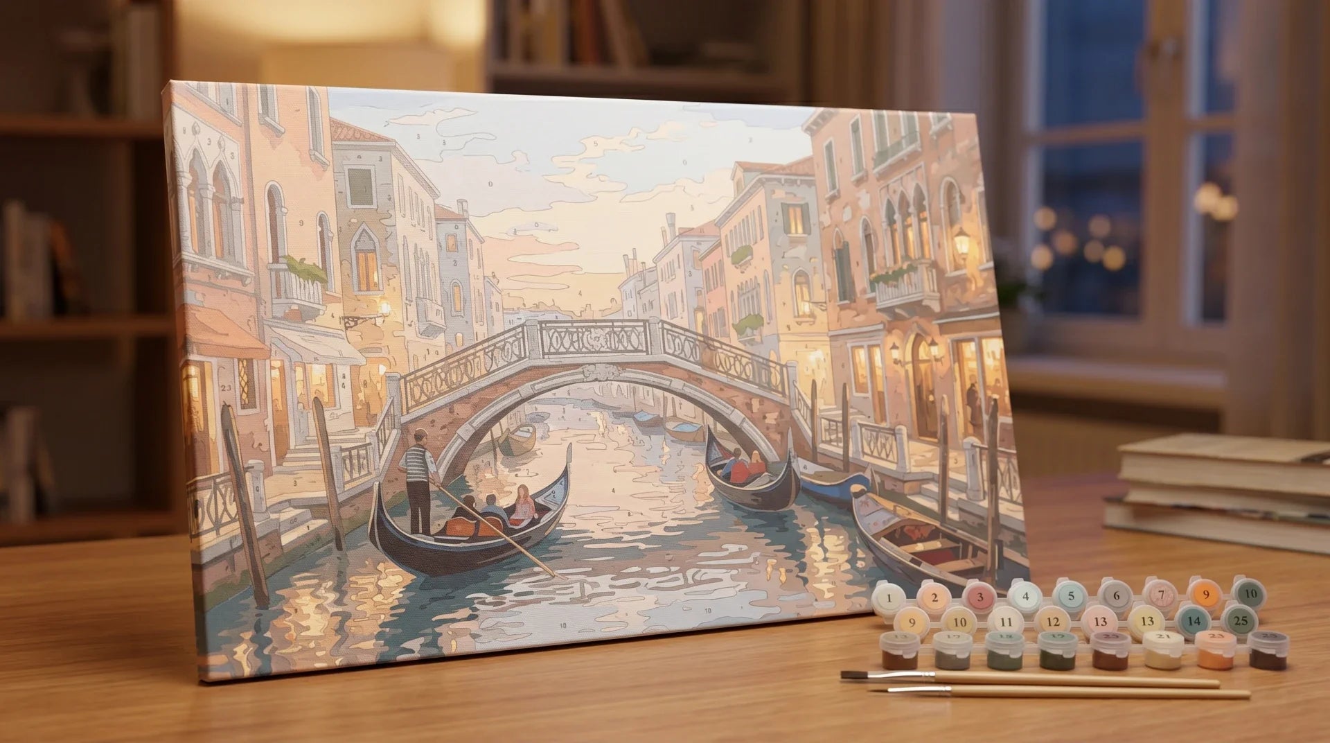 Paint by numbers canvas of a Venice canal at dusk, colour-printed Paint Kit Studio kit