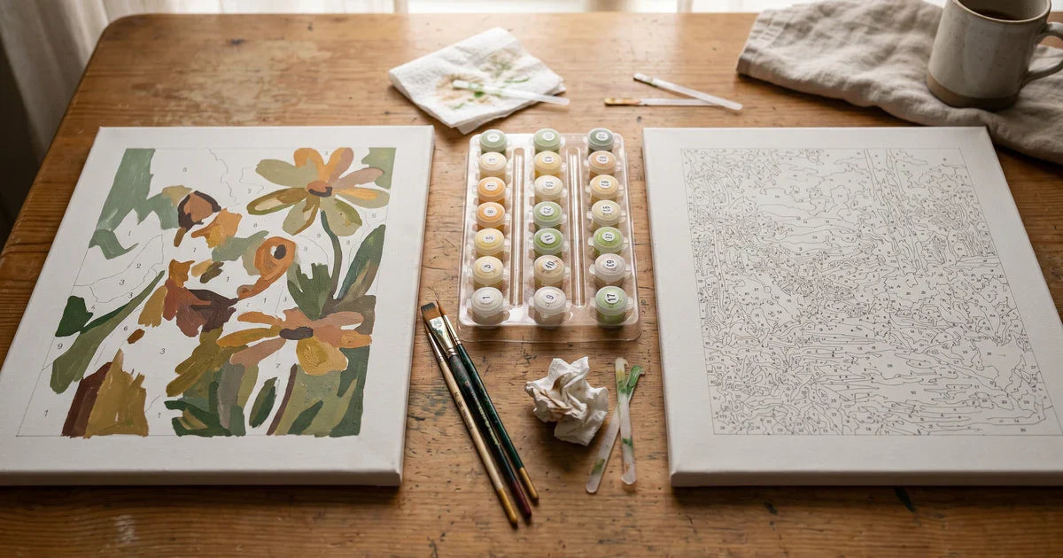 Two same-size paint-by-numbers canvases side by side, one a simple low-detail floral design and one a complex high-detail design, with a PKS paint tray and brushes between them