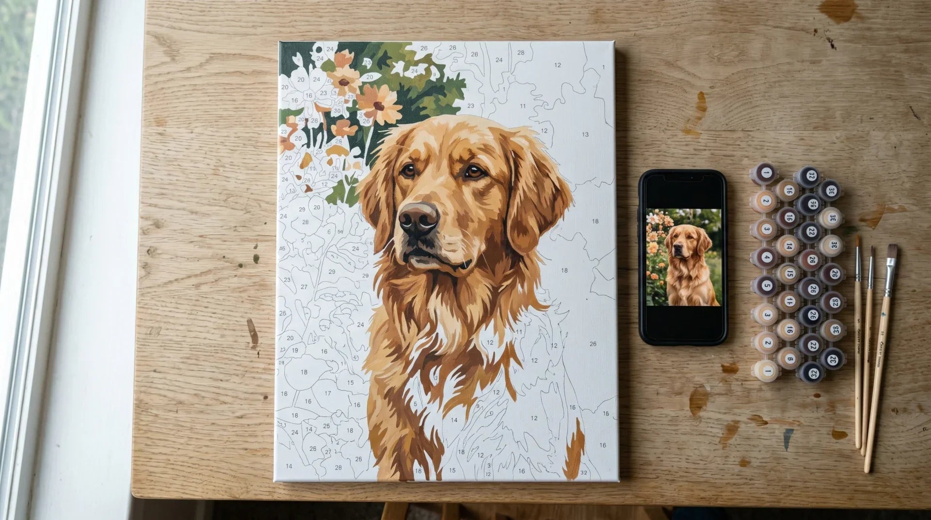 Top-down view of a portrait paint-by-numbers golden retriever on a full-bleed gallery-wrapped stretched canvas, one phone showing the reference photo, a tray of numbered pots and brushes