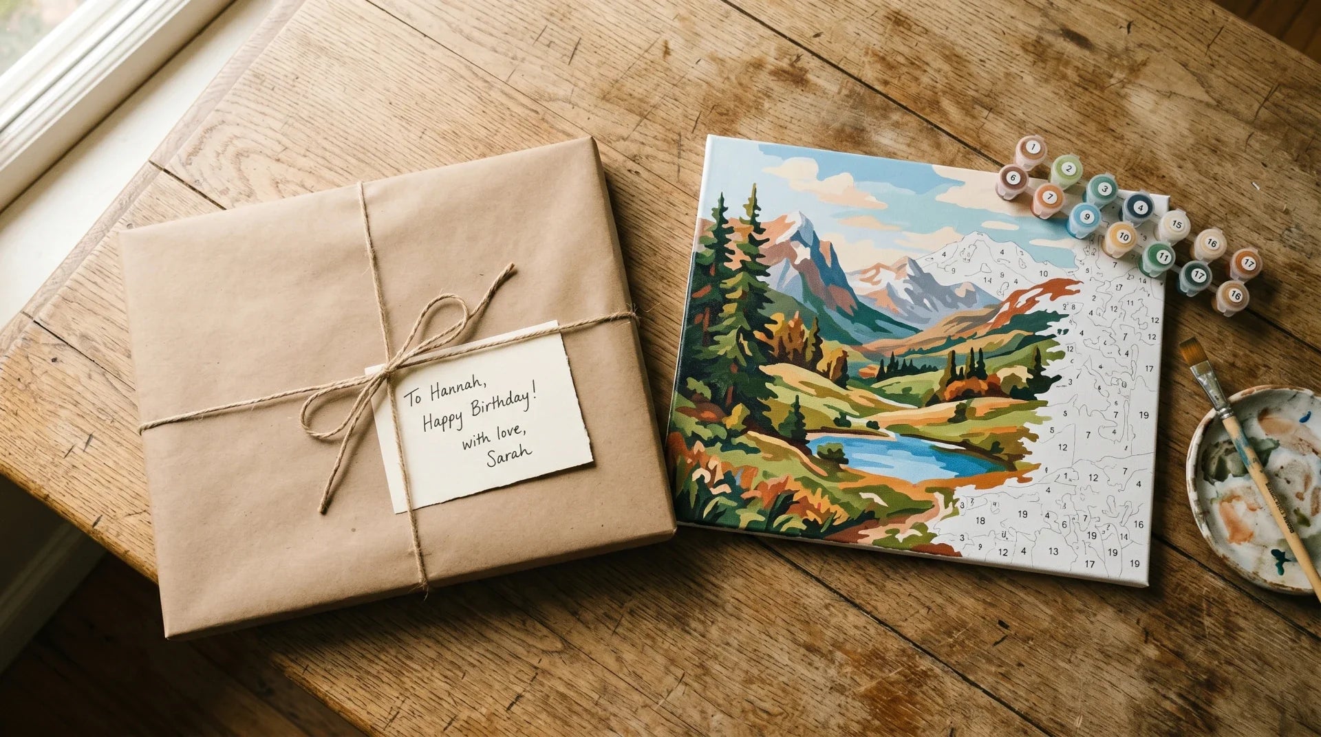 Top-down view of a wrapped paint by numbers kit gift on a worn light oak table. Flat brown box with a kraft-paper ribbon and a small handwritten card, beside a partially finished landscape canvas with visible printed numbers.