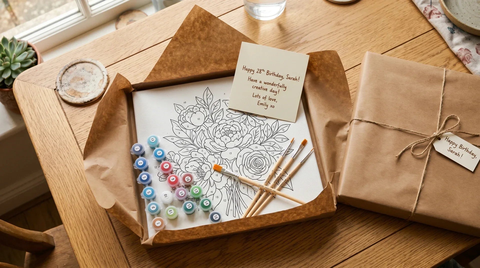 Overhead view of a wrapped paint-by-numbers kit gift box partly opened on a kitchen table with canvas, numbered pots, brushes, and a birthday card
