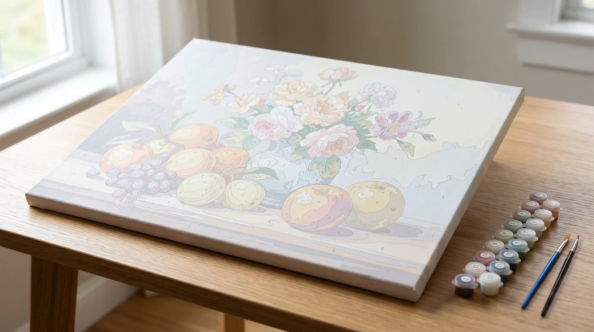 Paint by numbers canvas of a still life, colour-printed Paint Kit Studio kit