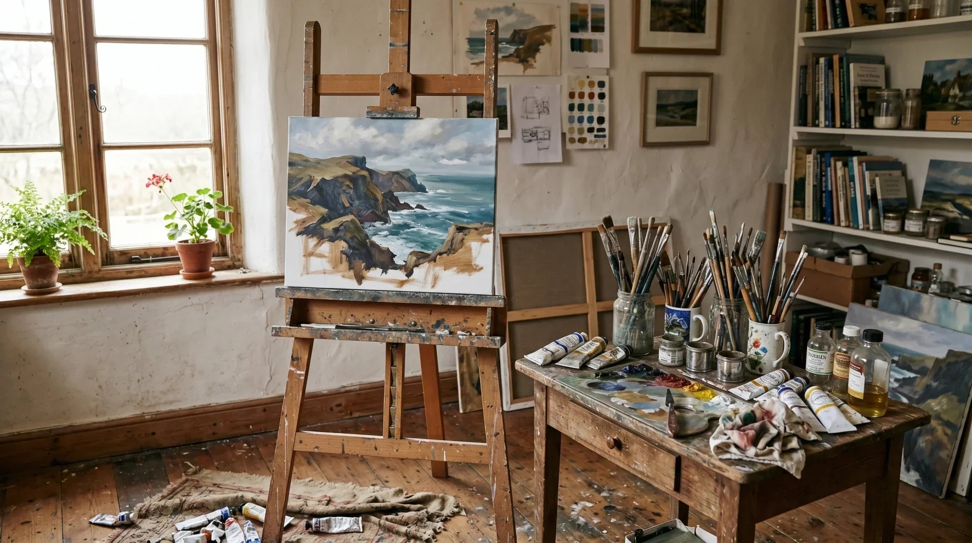 Artist's studio corner with a wooden easel holding a partially finished landscape canvas, jars of brushes, paint pots on a worn wooden side table, with soft window light from the left.