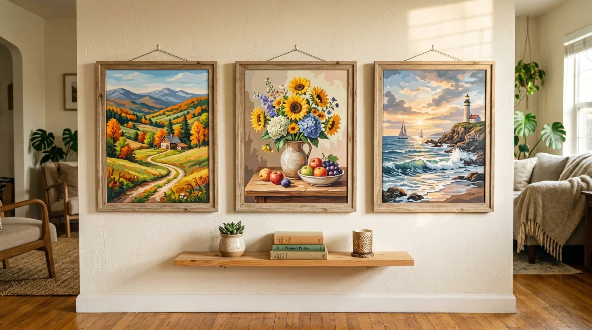 Three finished paint by numbers canvases hanging on a wall in a casual home interior, showing a landscape, a still life, and a seascape, with warm afternoon light.