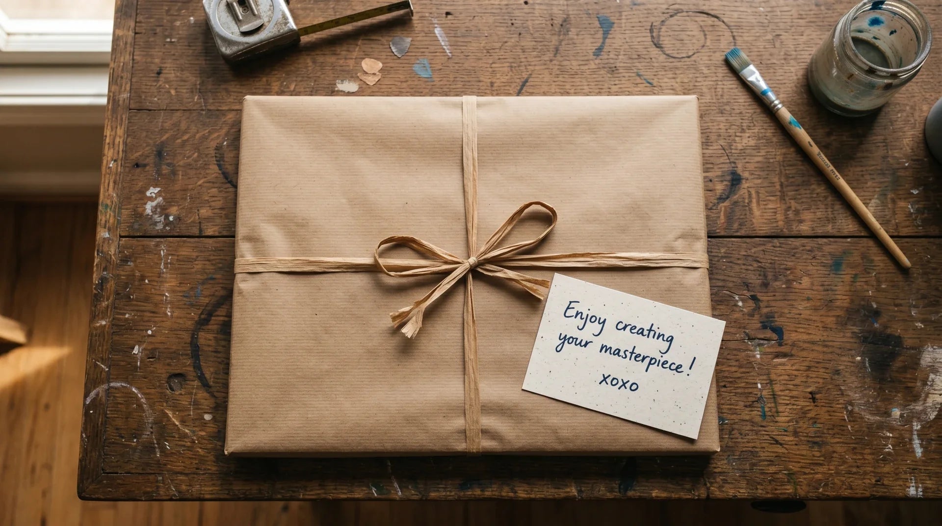 Top-down view of a wrapped paint by numbers kit with a kraft paper ribbon on a worn workbench, beside a small handwritten card in warm window light.