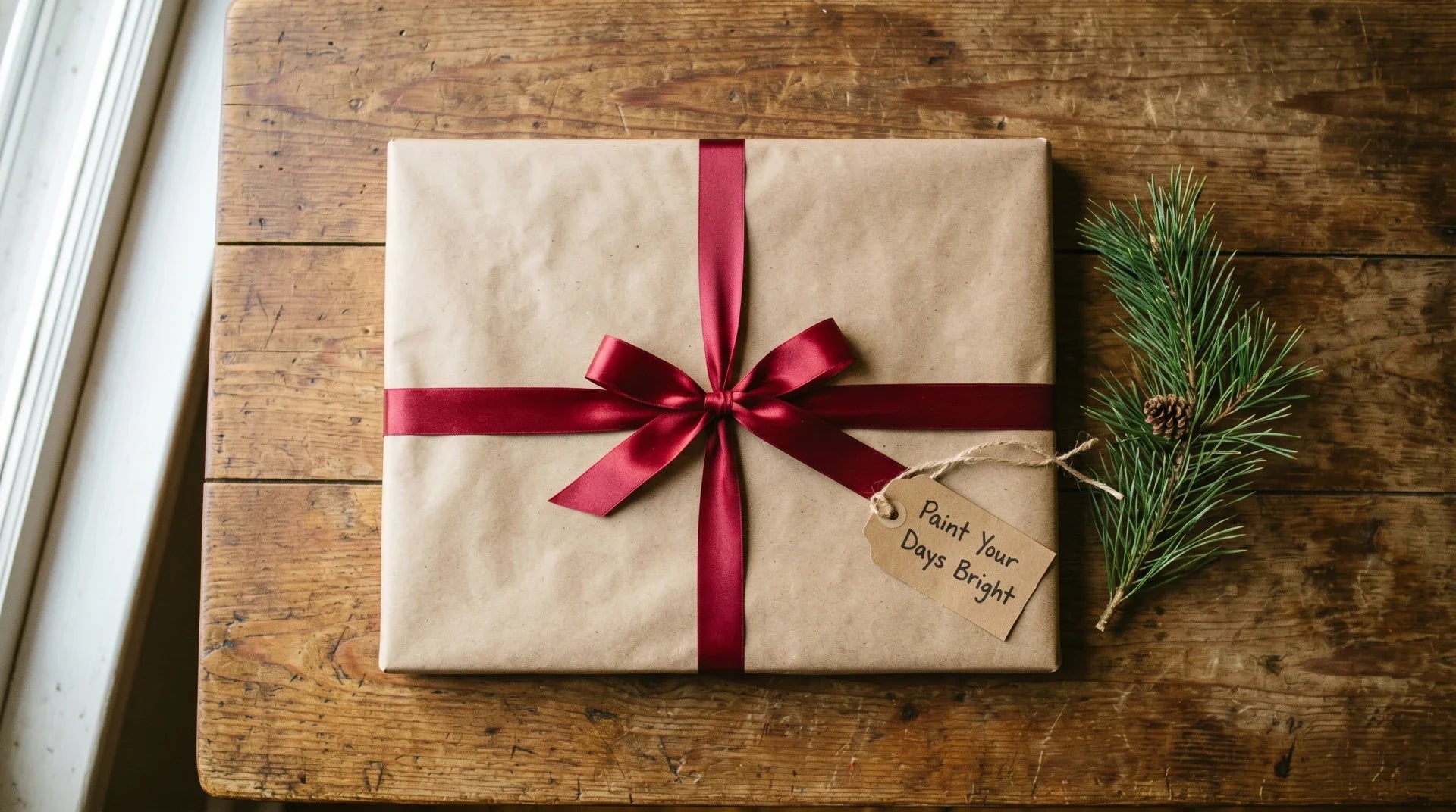Top-down view of a flat paint by numbers kit box wrapped in kraft paper with a deep red ribbon on a worn wooden table, beside a sprig of pine and a small handwritten gift tag in warm afternoon window light.