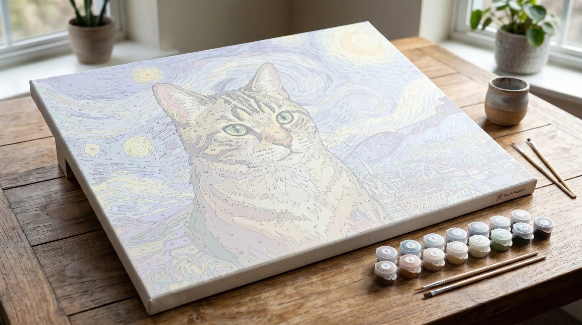 Paint by numbers canvas of a tabby cat, colour-printed Paint Kit Studio kit