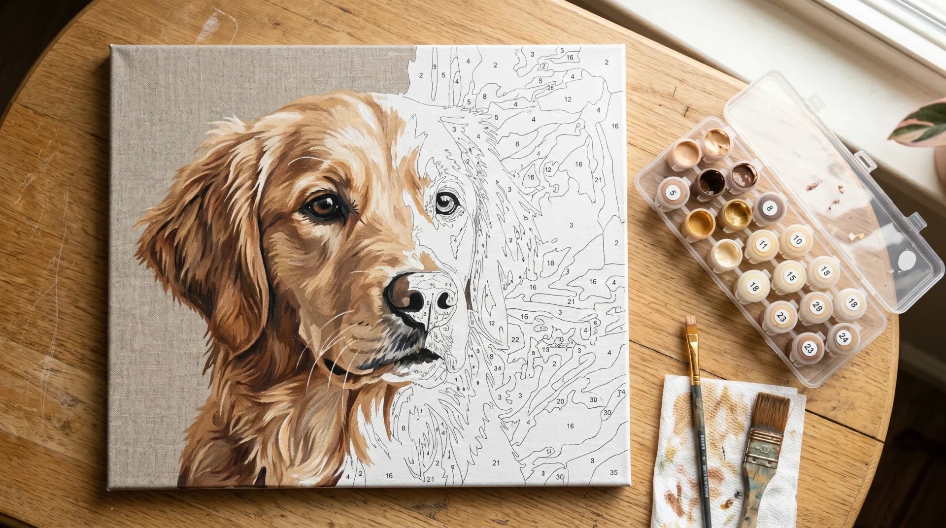 Overhead view of a partially painted paint-by-numbers canvas of a golden retriever portrait with connected numbered pots and brushes on a wood table