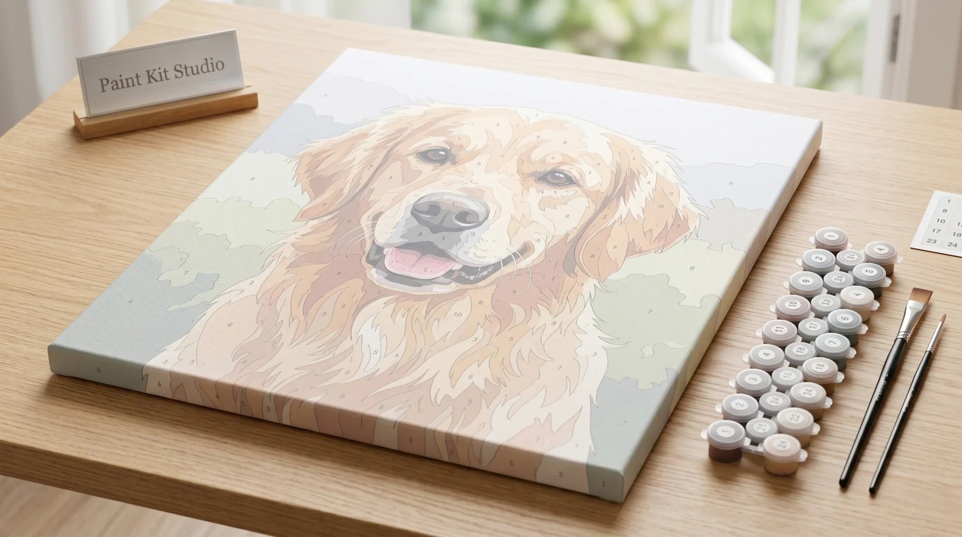 Paint by numbers canvas of a golden retriever, colour-printed Paint Kit Studio kit