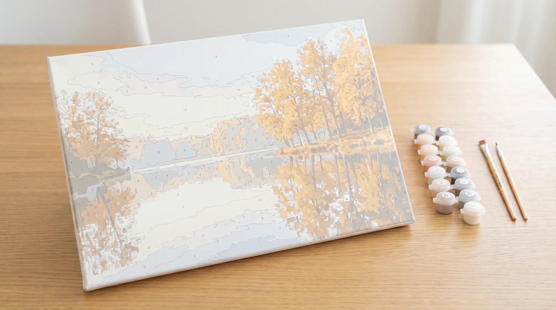 Paint by numbers canvas of an autumn lake, colour-printed Paint Kit Studio kit