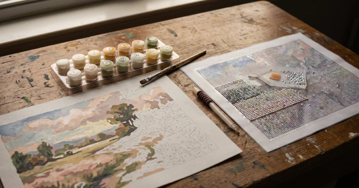 Paint by numbers kit and a diamond painting kit side by side on a wooden table, both half-finished, top-down view in natural window light