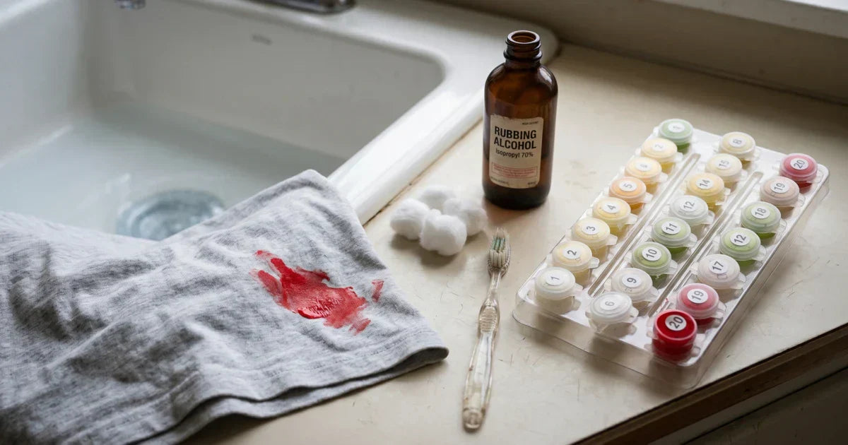 A grey cotton t-shirt with a fresh red acrylic paint smudge beside a sink, with rubbing alcohol, cotton balls and a toothbrush ready for stain treatment